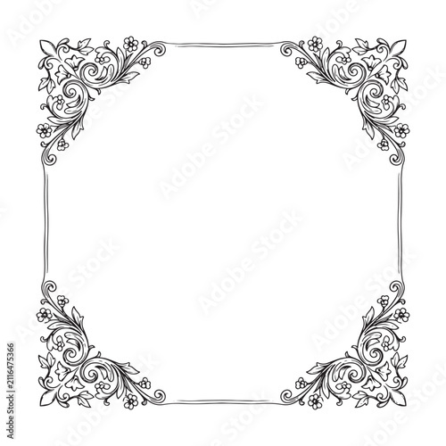 Floral ornament frame black and white vector illustration on white background