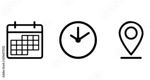 Calendar clock and location pin outline icon set
