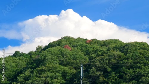 入道雲が浮かぶ里山の夏の風景　青空と緑が広がる自然風景