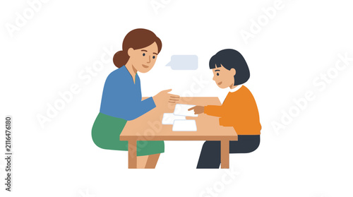 Flat vector illustration of a woman tutoring a young girl at a table