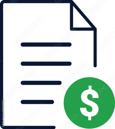 Financial Document Icon with Dollar Symbol, Invoice, Payment Report, Accounting File, Flat Line Vector Illustration