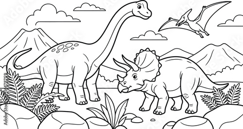 Line art dinosaurs in a prehistoric landscape with mountains and foliage