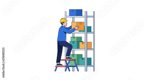 Warehouse worker arranging boxes on shelves, logistics and storage concept