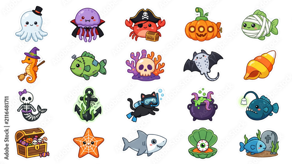 Obraz premium Cute Halloween Underwater Sticker Set with Ghost Octopus Vampire Jellyfish Pirate Crab Pumpkin Submarine Haunted Treasure Chest Kawaii Vector Collection