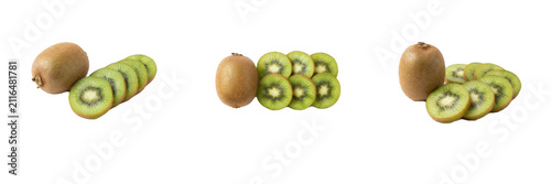 Fresh ripe green kiwi fruit PNG collection with whole hairy kiwifruit and circular sliced rounds isolated on white background, high-resolution tropical food graphic design elements for culinary and be