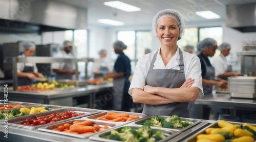 Food service workers in a school cafeteria providing fresh fruit and vegetables for students