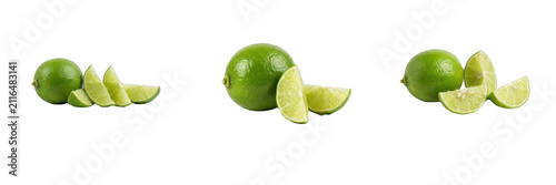 Fresh green lime fruit PNG collection with whole limes and sliced wedges isolated on white background, high-resolution citrus food graphic design elements for culinary and beverage projects