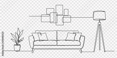 Принти на полотні Modern living room doodle featuring a stylish sofa and plant, A modern living ro