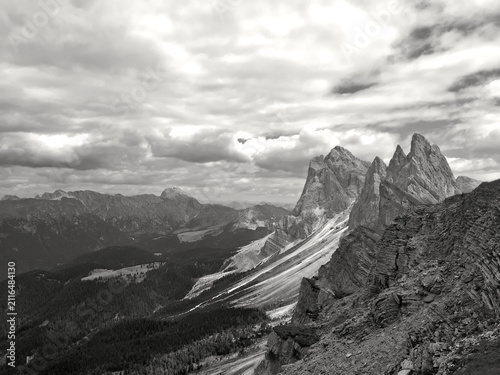 scenic monochrome view of the rocky Dolomite mountain peaks in summer