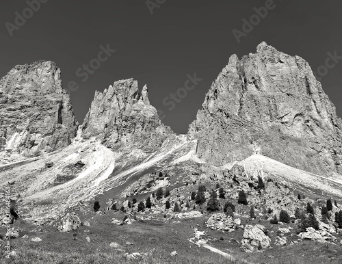 scenic monochrome view of the rocky Dolomite mountain peaks in summer