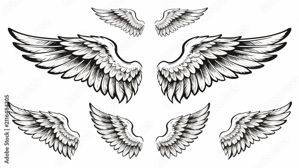 Obraz premium Detailed Hand Drawn Angel Wings Set — Black and White Feather Wing Collection for Tattoo