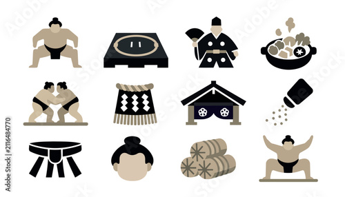 Canvastavla Traditional Japanese Sumo Wrestling and Cultural Icons Flat Design
