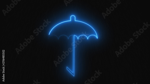 Weather icon lines map out a blue neon umbrella frame among falling raindrop nodes cleanly. Mobile smartphone travel utility dashboard packages incorporate this clean weather icon asset block.