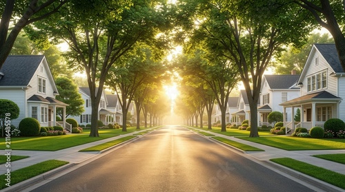 Warm morning sun illuminating a quiet suburban street and family friendly residential area.