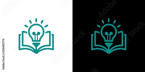 Creative light bulb idea logo design on an open book, symbol for knowledge, learning, and innovation