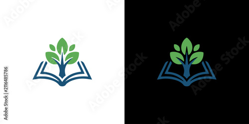 Education and nature concept logo design featuring a growing tree with green leaves emerging from an open book symbol on light and dark backgrounds