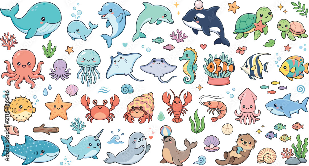 Obraz premium Cute Ocean Animal Illustration Set with Whales, Dolphins, Fish, Octopus, Turtle, Coral, and Sea Life Cartoon Vector Collection
