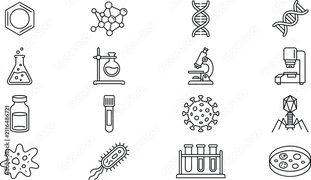Naklejka premium Science Laboratory Biology Research Medicine and Genetic Biotechnology Chemical Vector Line Art Icons