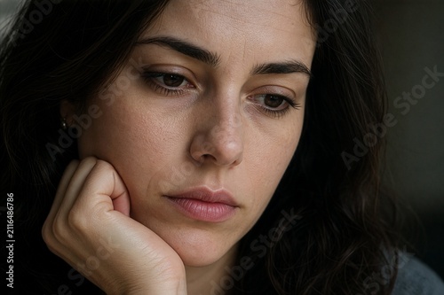 woman looking down with a pensive expression