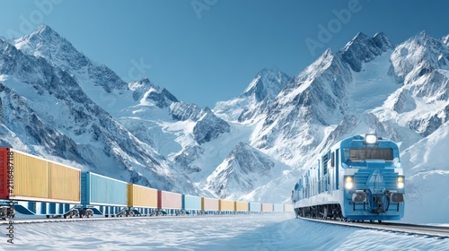 Freight train moving through snowy mountain landscape under clear blue sky
