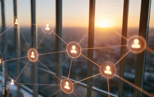 Digital social network connection concept with sunlit city background and interface