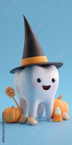 Happy tooth celebrating halloween with sweets and pumpkins