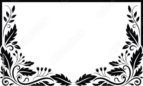 Decorative floral corner flourishes and rectangular frame border with flourish ornament decorative silhouette botanical illustration monochrome isolated decoration backdrop background