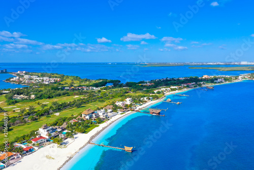 Cancun Mexico aerial view, beach and ocean