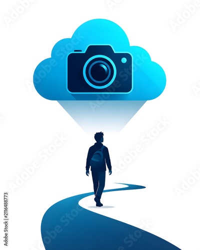 Photographer walking on path towards blue cloud with camera icon vector illustration