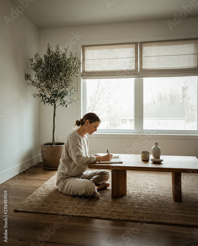 Young woman writing in a journal sitting on the floor at a low wooden table in a minimalist, sunlit room