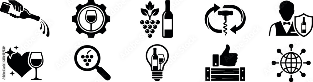 Obraz premium Wine Production and Sommelier Service Silhouette Icon Set with Bottle Pouring, Grape Harvest, Corkscrew, Wooden Crate, and Global Distribution Symbols