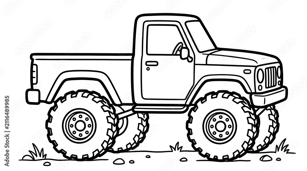 Fototapeta premium A black and white line art illustration of a rugged pickup truck with large off road tires