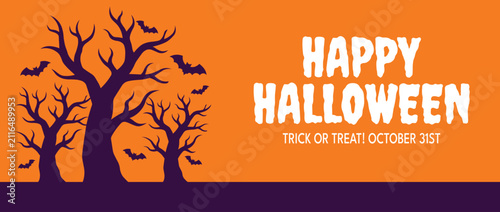 Obraz na płótnie Happy halloween holiday banner with silhouette trees and flying bats against orange background for trick or treat invitation
