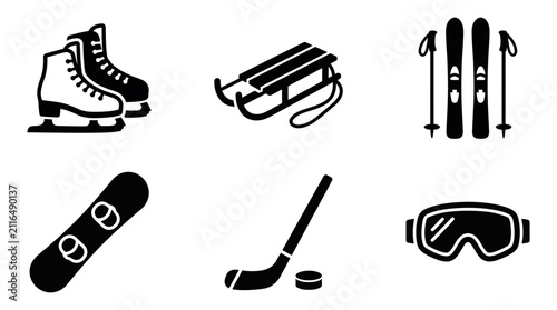 Ice skates, sled, skis, snowboard, hockey stick, and goggles represent winter sports equipment.