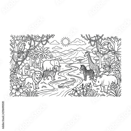 Canvas Print Safari Adventure Jungle Landscape Coloring Page for Kids with Wild Animals, Rive
