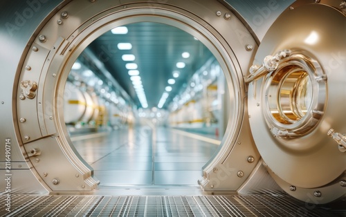 Open round bank vault door with view inside modern secure facility corridor