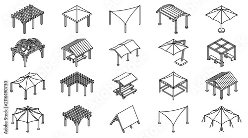 Isometric Outdoor Shade Structures and Pergola Icons