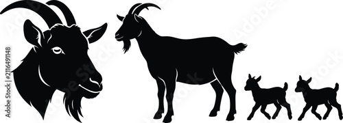 Bild auf Leinwand Black Goat Silhouette Set with Head Portrait and Little Kids Vector Illustration