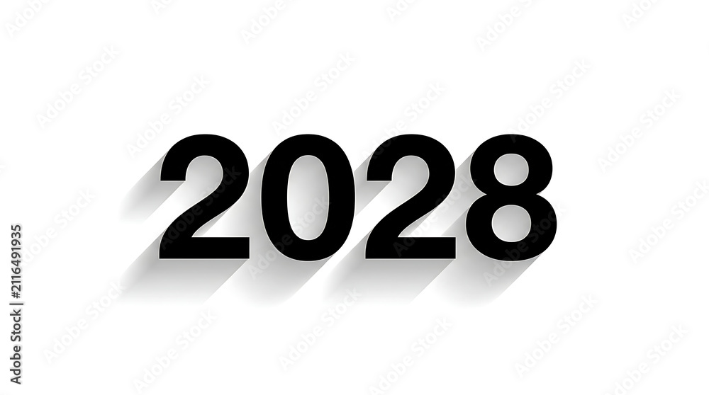 Fototapeta premium Large black 2028 numerals with elegant long shadows isolated on white background for web.