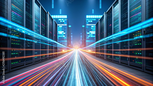 Futuristic data center with glowing server racks, high speed data streams, artificial intelligence, and vibrant technology landscape, conveying innovation and energy