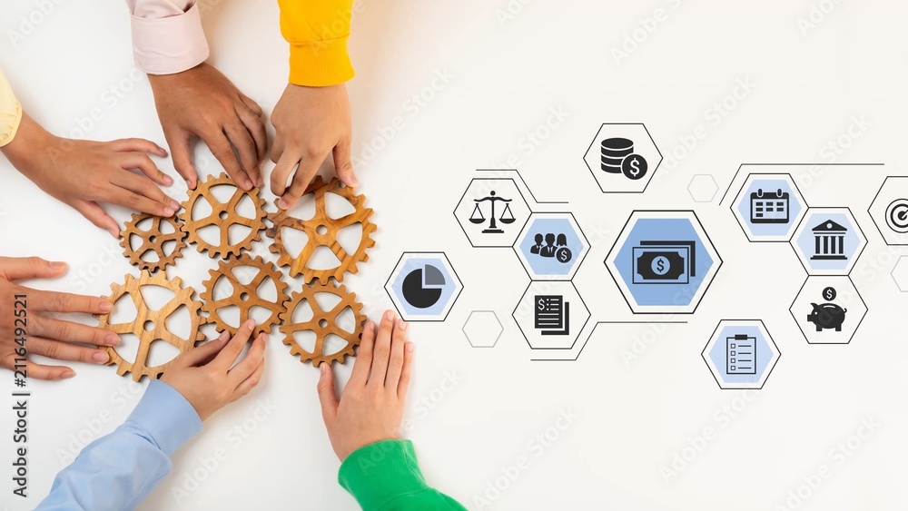 Obraz premium Collaborative Efforts in Business Strategy Development Featuring Hands on Gears with Icons Representing Finance, Law, and Planning on a Light Background Gluon.