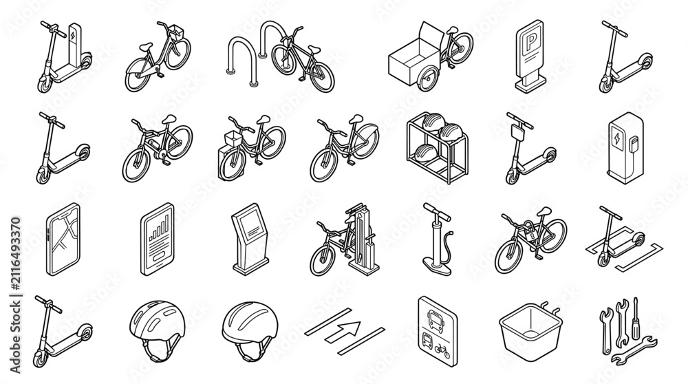 Fototapeta premium Isometric Urban Mobility and Bicycle Sharing Icons