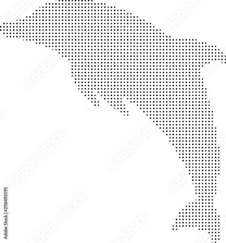 A silhouette of a jumping dolphin, rendered in a digital dot matrix style with black circles and squares on a clean white background