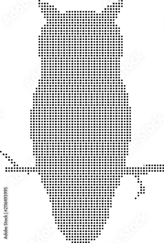 A silhouette of an owl perched on a branch, rendered in a digital dot matrix style with black circles and squares on a white background