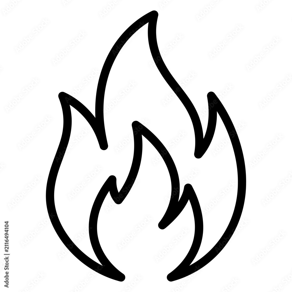 Fototapeta premium A simple black and white line drawing of a stylized fire flame icon isolated on a plain white background for graphic design and web use