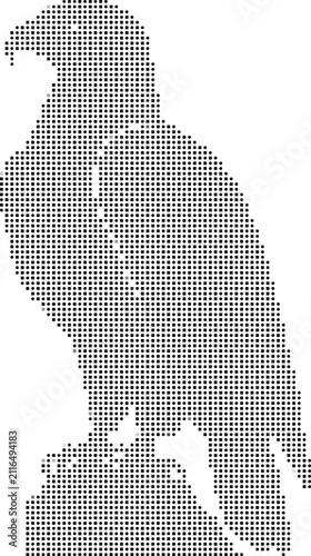 A eagle silhouette perched on a rock, created with a pattern of black dots and squares on a clean white background for
