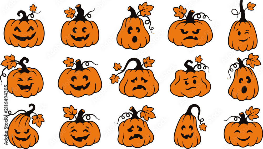 Obraz premium Set of cute hand drawn pumpkins with various facial expressions and emotions for halloween holiday design elements