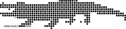 A side profile silhouette of a crocodile or alligator, constructed from a grid of black circles and squares on a solid white background