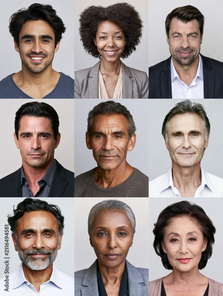 Fototapeta premium headshot, portrait, professional, smile, diverse, adults, collage, business, team, people, man, woman, senior, middle aged, young adult, diversity, work, office, career, confidence, friendly, formal, 