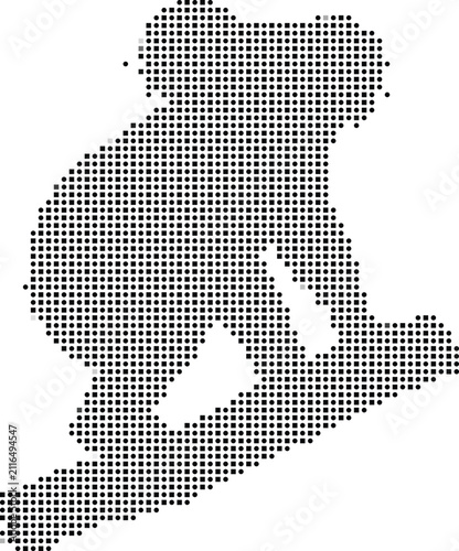 A silhouette of a koala climbing a tree branch, rendered in a digital dot matrix style with black circles and squares on white background